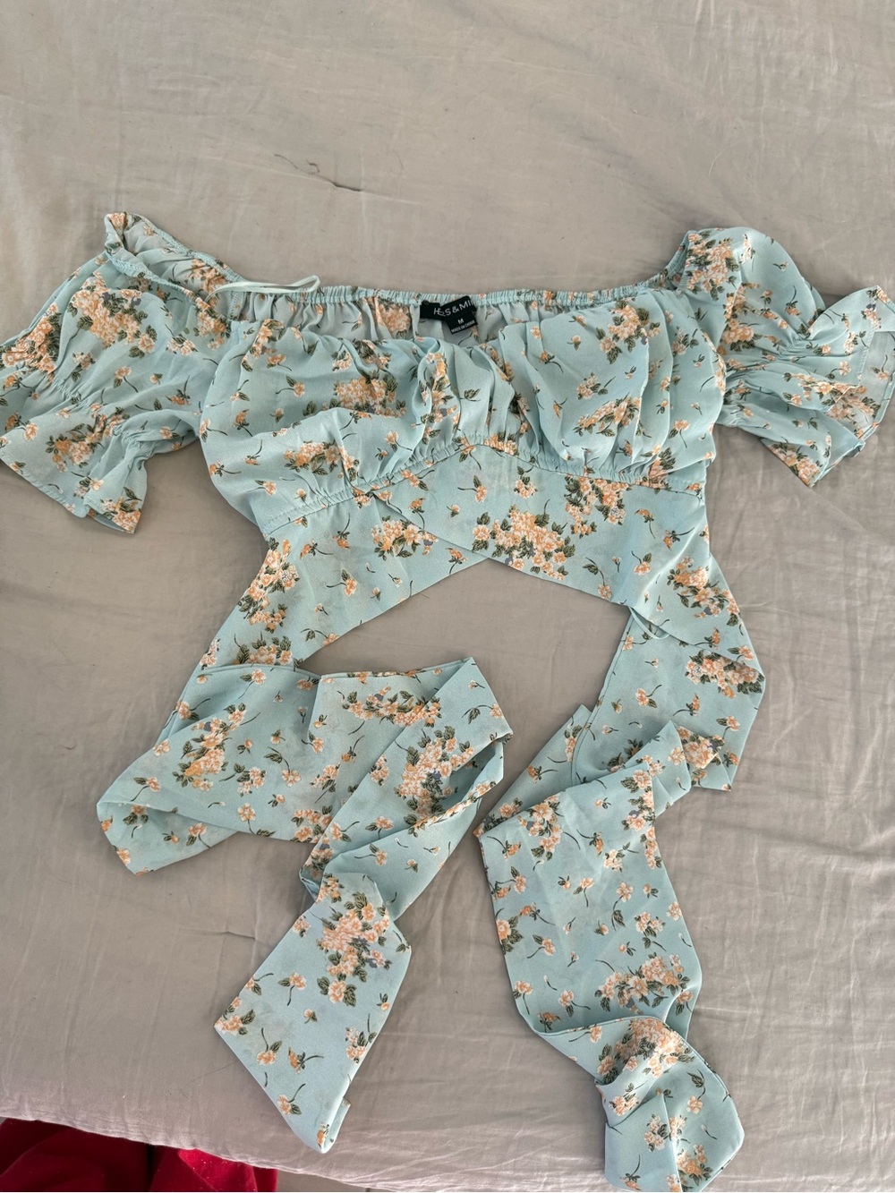 Floral Tie-Front Off-Shoulder Crop Top - Light Blue